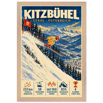Kitzbühel art print in a Natural Oak frame, showing a yellow-suited ski racer jumping down a steep slope.
