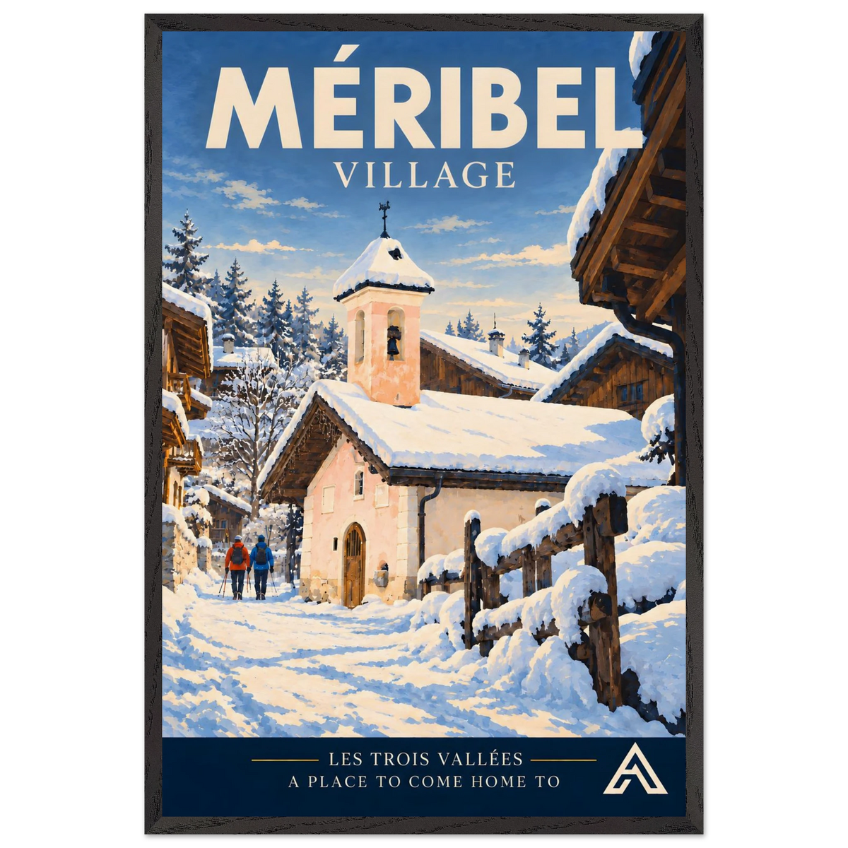 Méribel Village art print in a Black Ash frame, 60x90 cm, showing a snowy chapel, timber chalets and two walkers on a village lane.