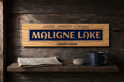 Maligne Lake Wood Sign | Relief Carved Pine Plank | Chaba Imne | Ready to Hang