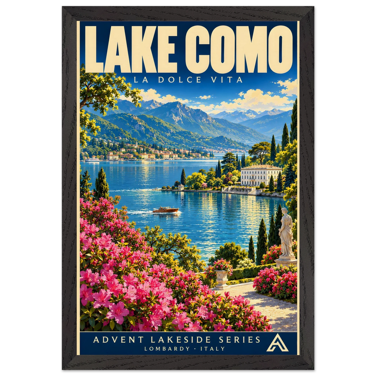 Lake Como art print in a Black Ash frame, showing a flower-lined terrace overlooking a blue lake, a boat, lakeside villas and distant mountains.