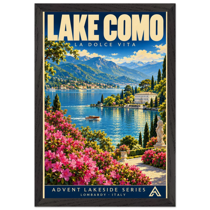 Lake Como art print in a Black Ash frame, showing a flower-lined terrace overlooking a blue lake, a boat, lakeside villas and distant mountains.