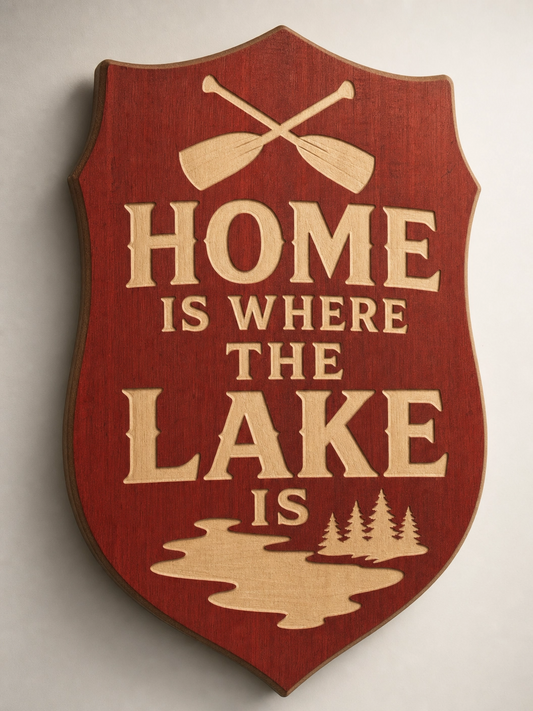 Home Is Where the Lake Is — CNC-Carved Shield Wood Sign | Ready to Hang
