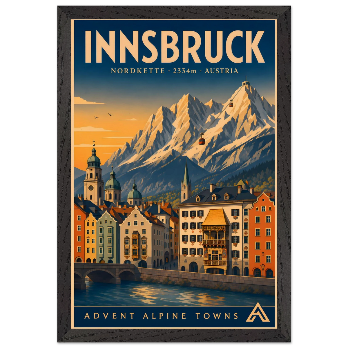 Innsbruck art print in a Black Ash frame, showing colourful buildings beside the Inn River, with the Nordkette mountains and cable cars above.