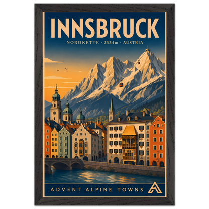 Innsbruck art print in a Black Ash frame, showing colourful buildings beside the Inn River, with the Nordkette mountains and cable cars above.