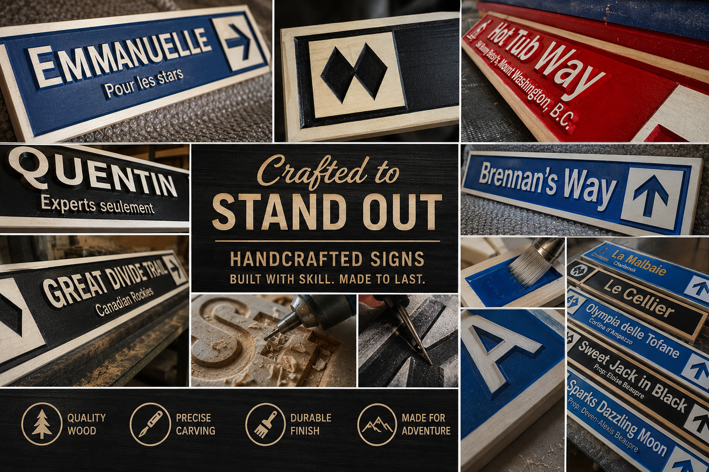 Collage of various handcrafted mountain trail signs with different designs and text.