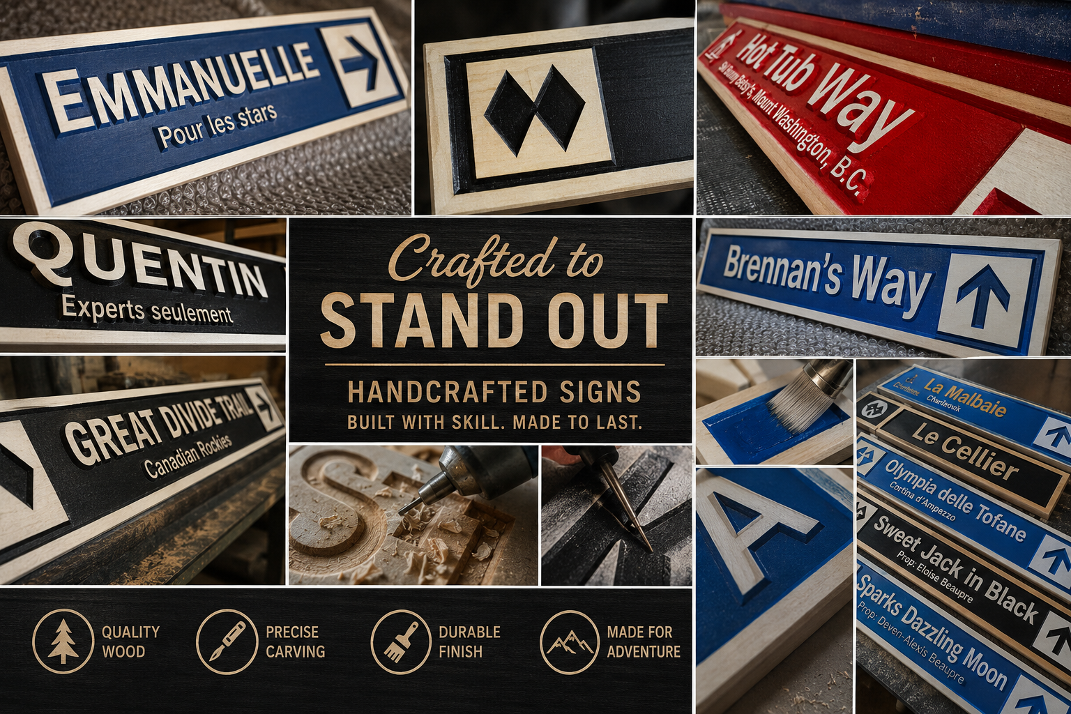 Collage of various handcrafted mountain trail signs with different designs and text.