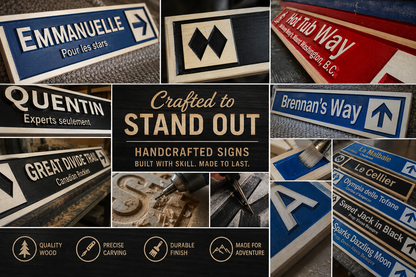 Collage of various handcrafted mountain trail signs with different designs and text.