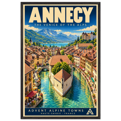 Annecy art print in a Black Ash frame, showing old-town rooftops and a stone island building surrounded by turquoise canals, with the lake and mountains beyond.