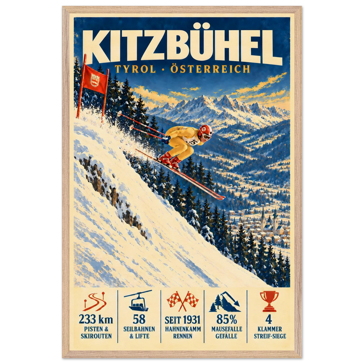 Kitzbühel art print in a Natural Oak frame, showing a yellow-suited ski racer jumping down a steep slope.