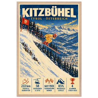 Kitzbühel art print in a Natural Oak frame, showing a yellow-suited ski racer jumping down a steep slope.