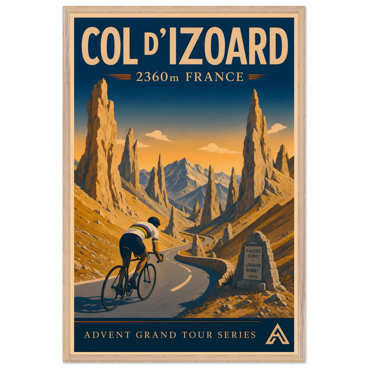 Col d’Izoard art print in a Natural Oak frame, showing a cyclist in a white world champion jersey on the winding road through golden Alpine rock spires.