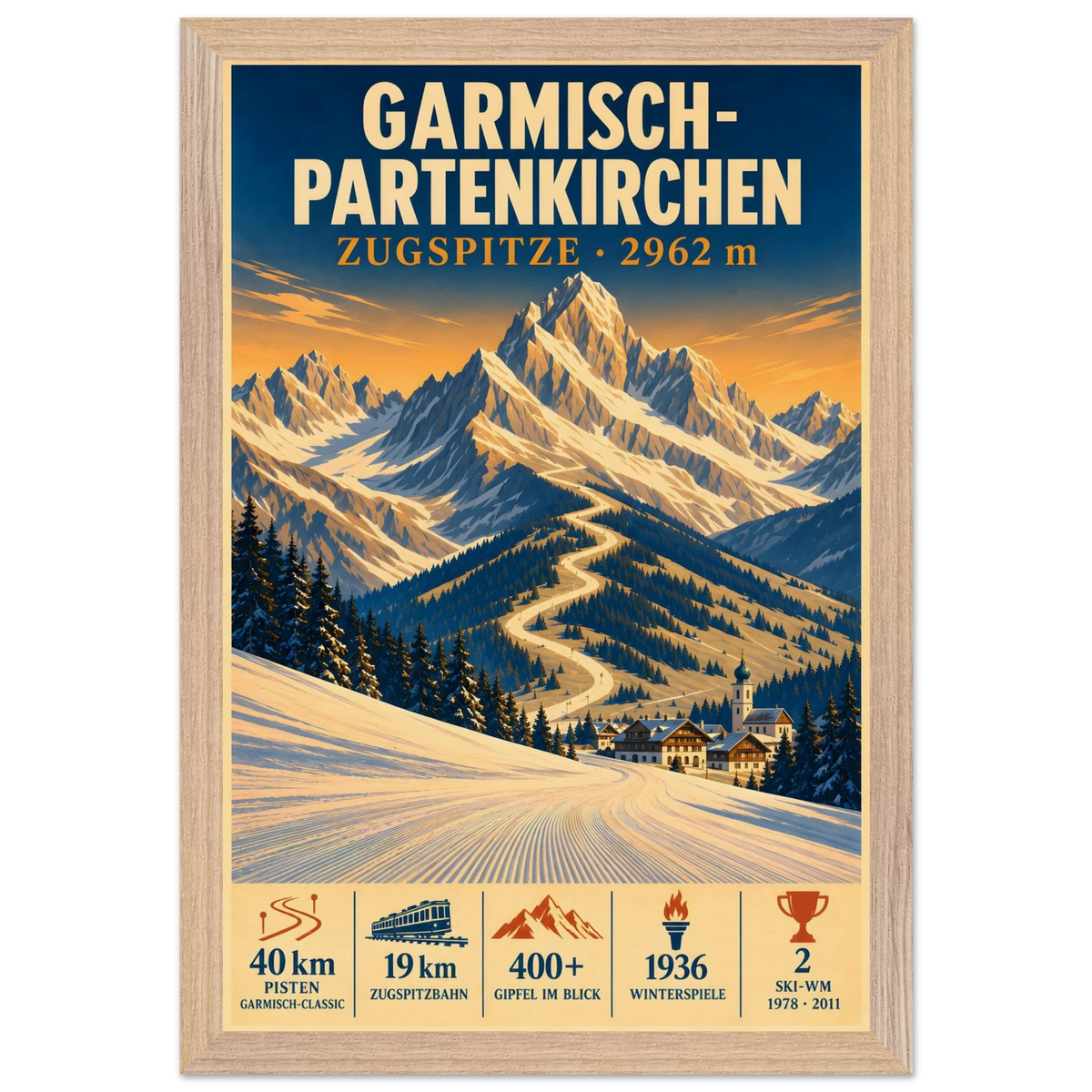 Garmisch art print in a Natural Oak frame, showing snowy slopes and a village beneath the Zugspitze.