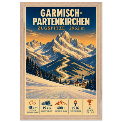Garmisch art print in a Natural Oak frame, showing snowy slopes and a village beneath the Zugspitze.