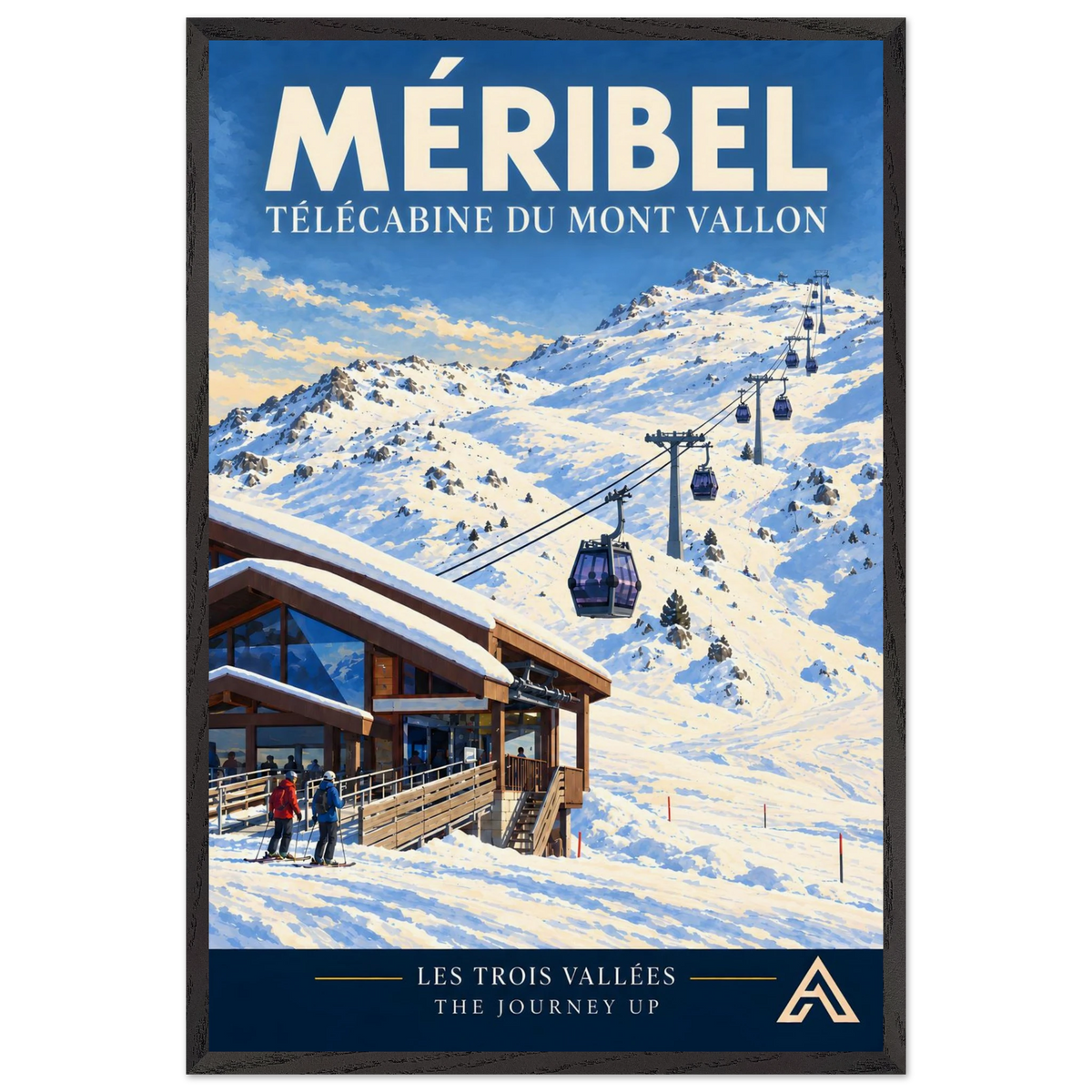 Méribel Télécabine du Mont Vallon art print in a Black Ash frame, 60x90 cm, showing purple gondolas climbing snowy slopes from a timber-and-glass station with two skiers beside it.