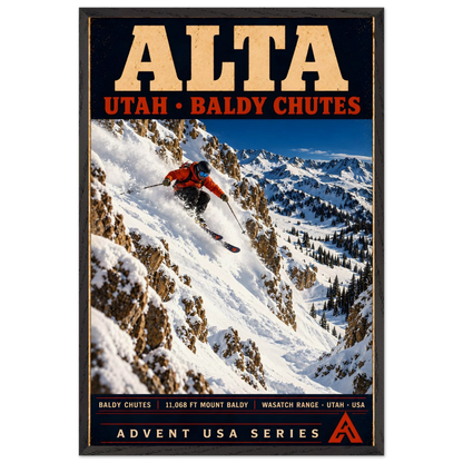 Alta art print in a Black Ash frame, showing an orange-jacketed skier descending deep powder between rocky walls above a snowy mountain valley.