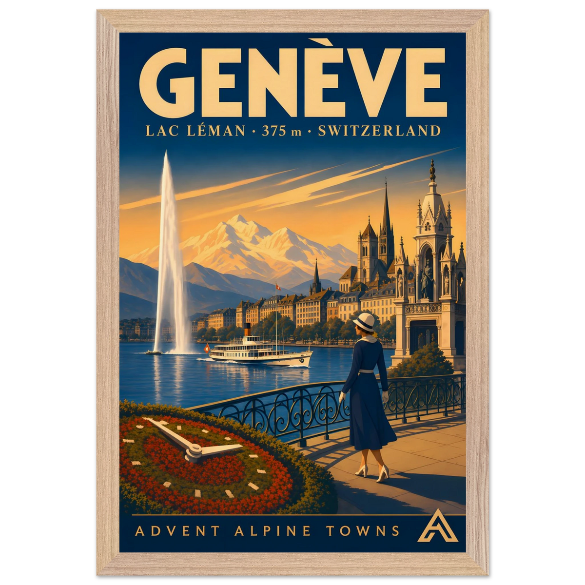 Genève art print in a Natural Oak frame, showing the Jet d’Eau, a lake steamer and a woman on the promenade beside Lac Léman.