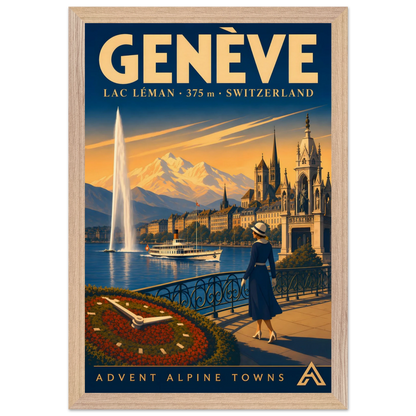 Genève art print in a Natural Oak frame, showing the Jet d’Eau, a lake steamer and a woman on the promenade beside Lac Léman.