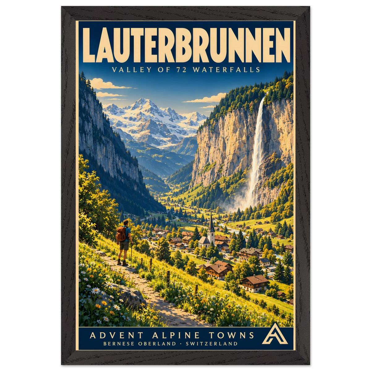Lauterbrunnen art print in a Black Ash frame, showing a hiker above a green Alpine valley, village and cliffside waterfall.