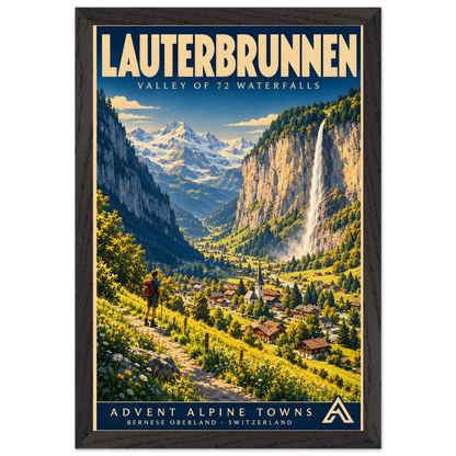 Lauterbrunnen art print in a Black Ash frame, showing a hiker above a green Alpine valley, village and cliffside waterfall.