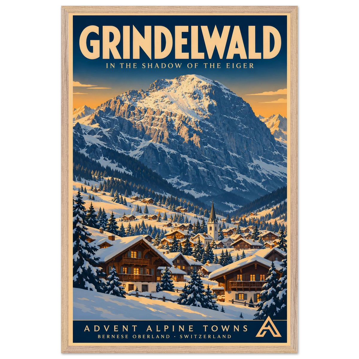 Grindelwald art print in a Natural Oak frame, showing snow-covered chalets and a church beneath a dramatic Alpine mountain in warm winter light.