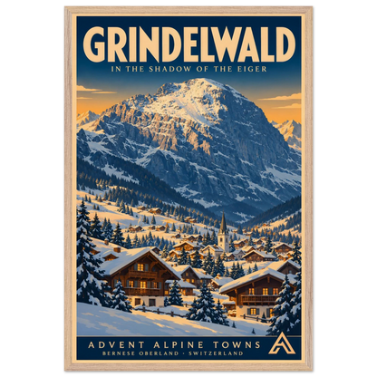 Grindelwald art print in a Natural Oak frame, showing snow-covered chalets and a church beneath a dramatic Alpine mountain in warm winter light.