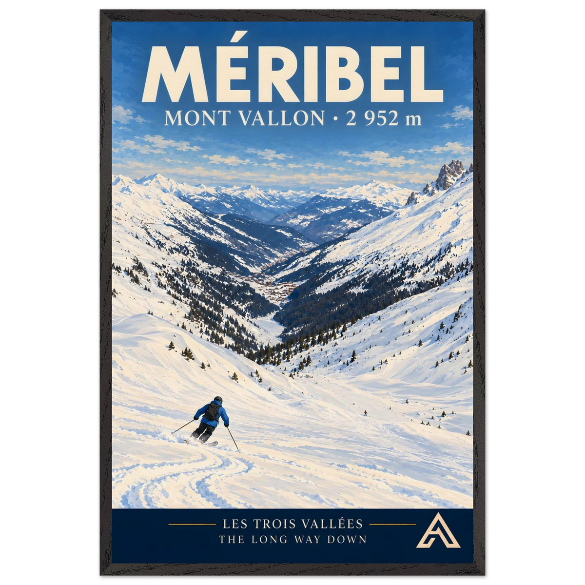 Méribel Mont Vallon art print in a Black Ash frame, 60x90 cm, showing a blue-jacketed skier descending a snowy slope towards a long Alpine valley.