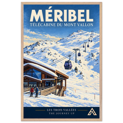 Méribel Télécabine du Mont Vallon art print in a Natural Oak frame, 60x90 cm, showing purple gondolas climbing snowy slopes from a timber-and-glass station with two skiers beside it.