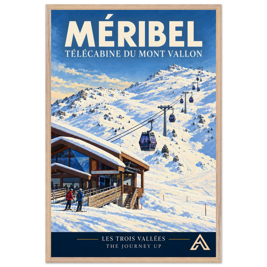 Méribel Télécabine du Mont Vallon art print in a Natural Oak frame, 60x90 cm, showing purple gondolas climbing snowy slopes from a timber-and-glass station with two skiers beside it.