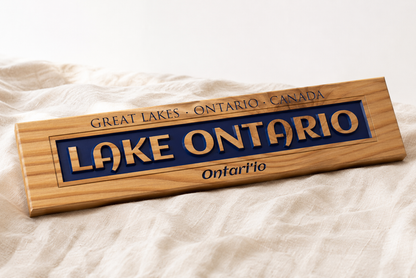 Lake Ontario relief carved pine plank sign - hero shot on linen