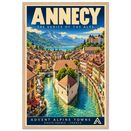 Annecy art print in a Natural Oak frame, showing old-town rooftops and a stone island building surrounded by turquoise canals, with the lake and mountains beyond.