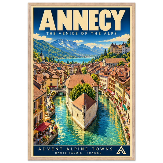 Annecy art print in a Natural Oak frame, showing old-town rooftops and a stone island building surrounded by turquoise canals, with the lake and mountains beyond.