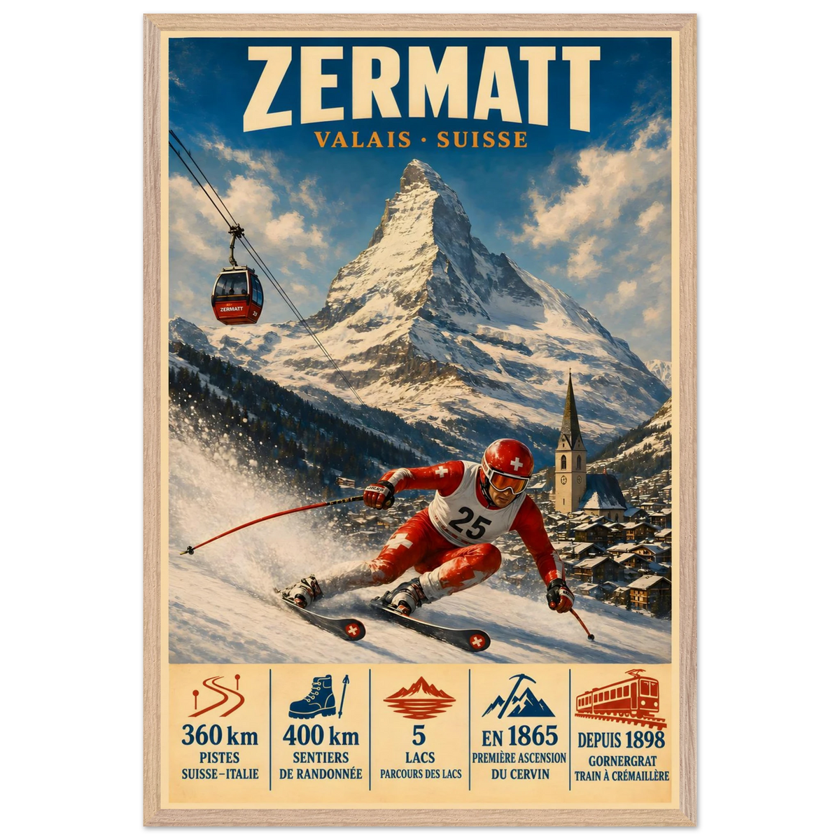 Zermatt art print in a Natural Oak frame, showing a red-suited ski racer beneath the Matterhorn.