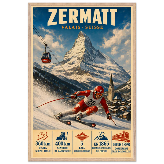 Zermatt art print in a Natural Oak frame, showing a red-suited ski racer beneath the Matterhorn.