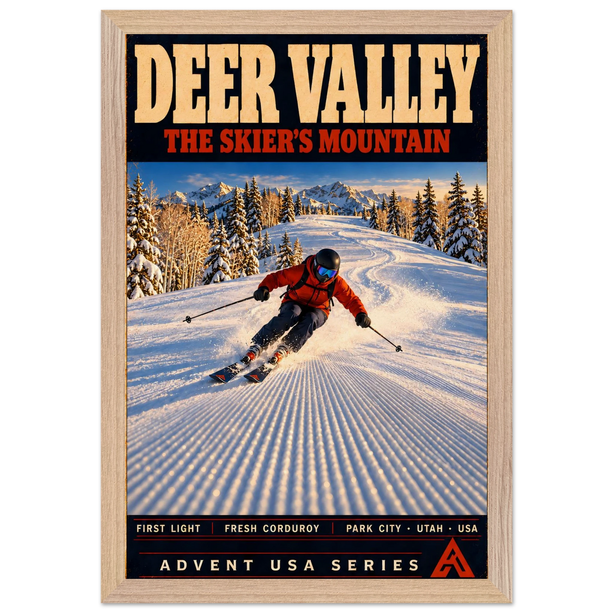Deer Valley art print in a Natural Oak frame, showing an orange-jacketed skier carving across groomed corduroy beside snow-covered evergreens.