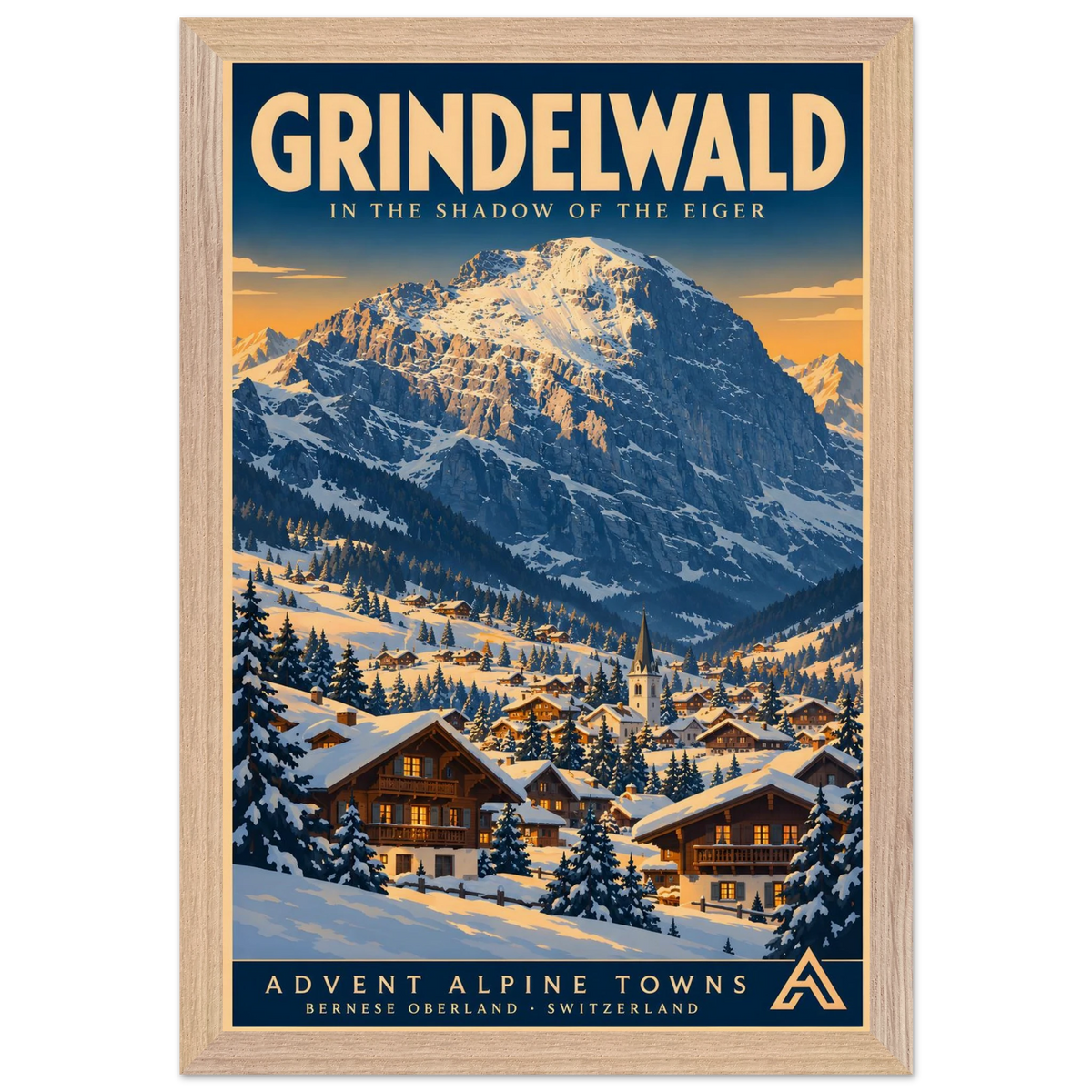 Grindelwald art print in a Natural Oak frame, showing snow-covered chalets and a church beneath a dramatic Alpine mountain in warm winter light.