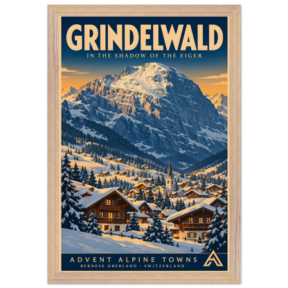 Grindelwald art print in a Natural Oak frame, showing snow-covered chalets and a church beneath a dramatic Alpine mountain in warm winter light.