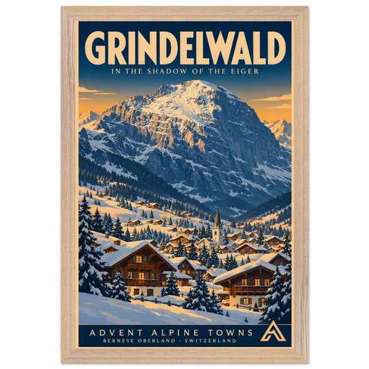 Grindelwald art print in a Natural Oak frame, showing snow-covered chalets and a church beneath a dramatic Alpine mountain in warm winter light.