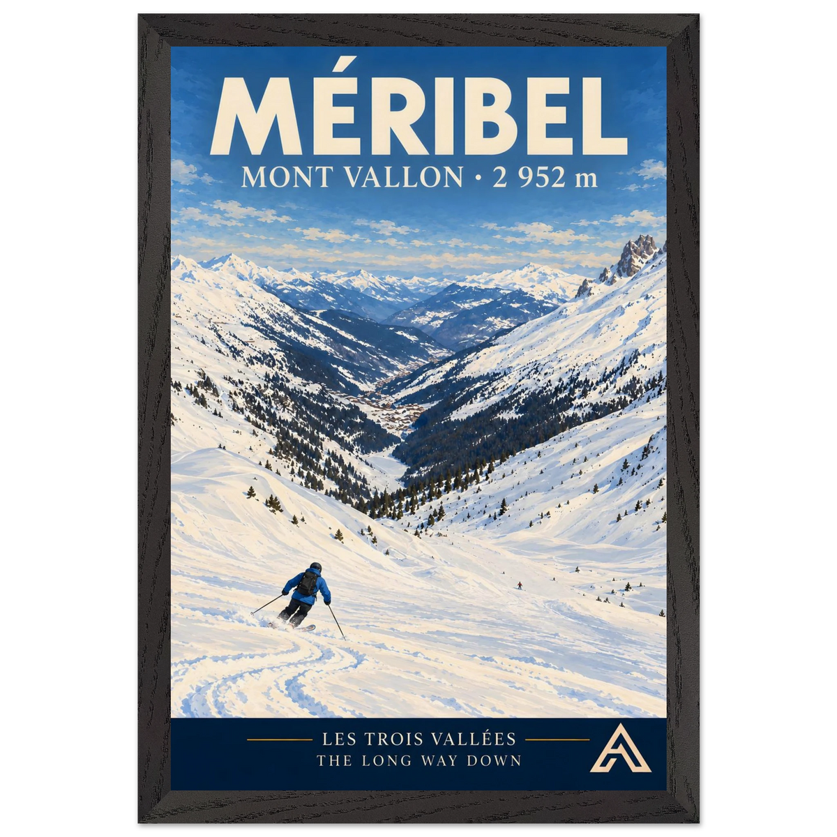 Méribel Mont Vallon art print in a Black Ash frame, 30x45 cm, showing a blue-jacketed skier descending a snowy slope towards a long Alpine valley.