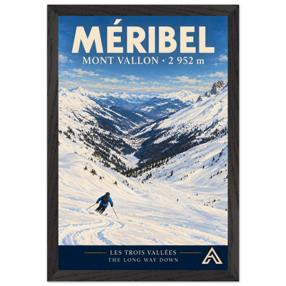 Méribel Mont Vallon art print in a Black Ash frame, 30x45 cm, showing a blue-jacketed skier descending a snowy slope towards a long Alpine valley.