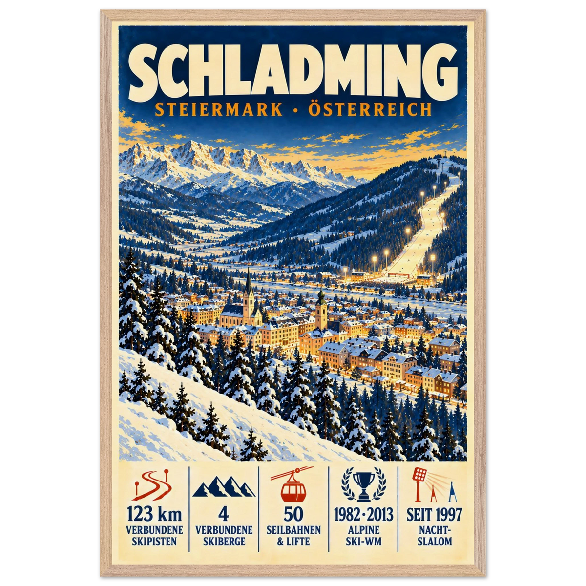 Schladming art print in a Natural Oak frame, showing a snow-covered town and ski slopes below mountain peaks.