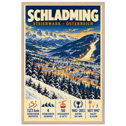 Schladming art print in a Natural Oak frame, showing a snow-covered town and ski slopes below mountain peaks.