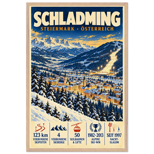 Schladming art print in a Natural Oak frame, showing a snow-covered town and ski slopes below mountain peaks.