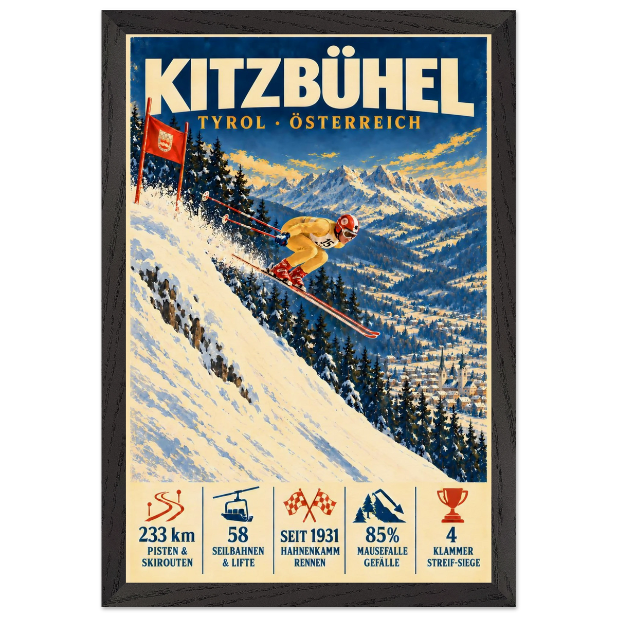 Kitzbühel art print in a Black Ash frame, showing a yellow-suited ski racer jumping down a steep slope.