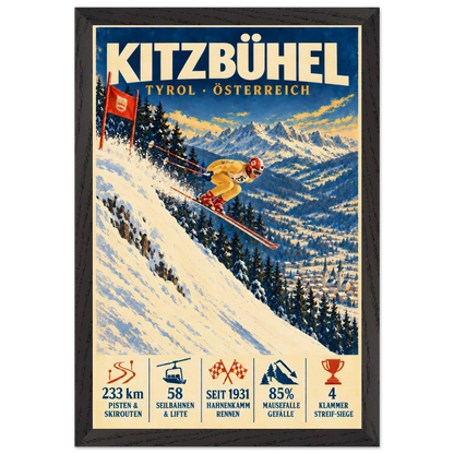 Kitzbühel art print in a Black Ash frame, showing a yellow-suited ski racer jumping down a steep slope.