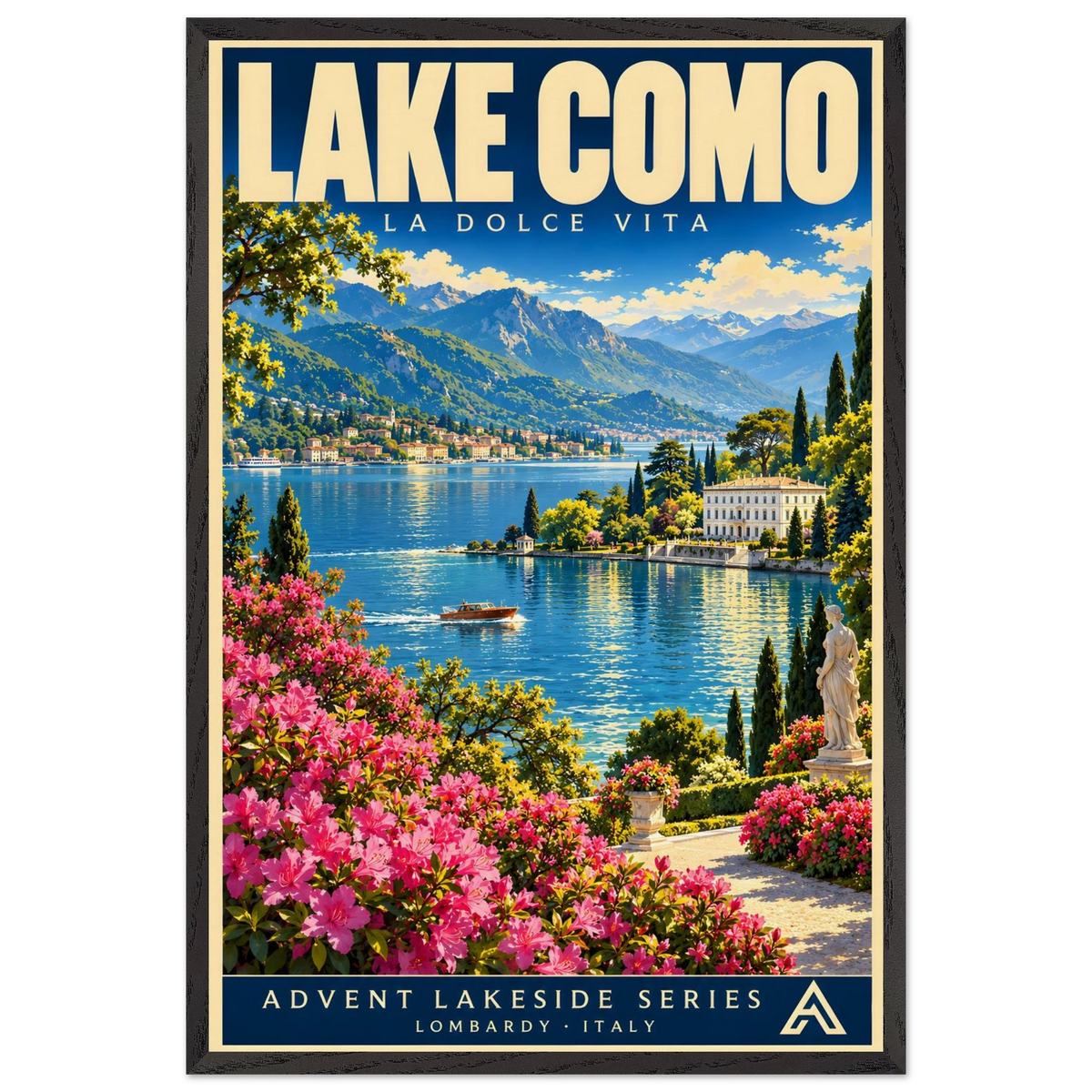 Lake Como art print in a Black Ash frame, showing a flower-lined terrace overlooking a blue lake, a boat, lakeside villas and distant mountains.