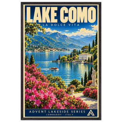 Lake Como art print in a Black Ash frame, showing a flower-lined terrace overlooking a blue lake, a boat, lakeside villas and distant mountains.