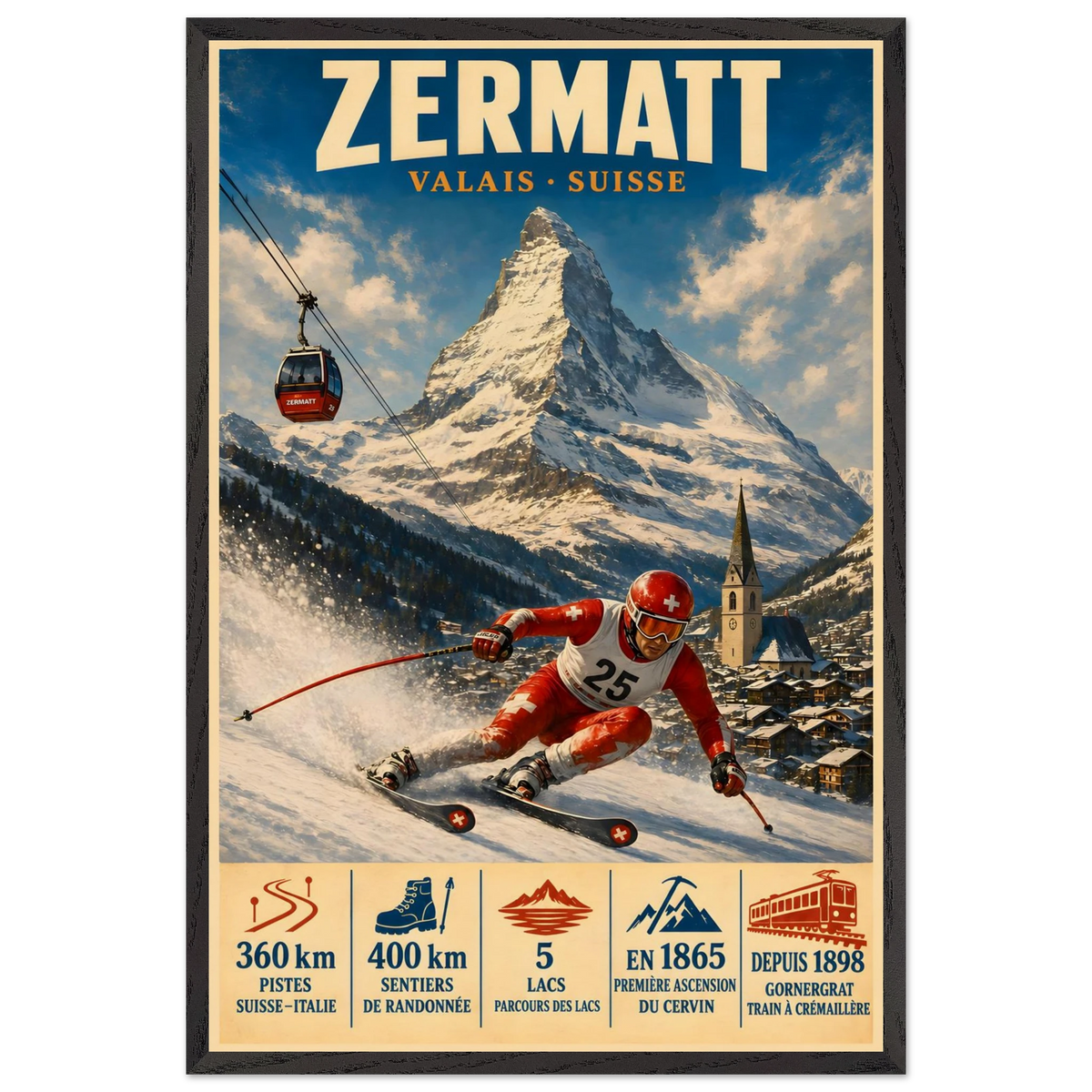 Zermatt art print in a Black Ash frame, showing a red-suited ski racer beneath the Matterhorn.