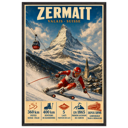 Zermatt art print in a Black Ash frame, showing a red-suited ski racer beneath the Matterhorn.
