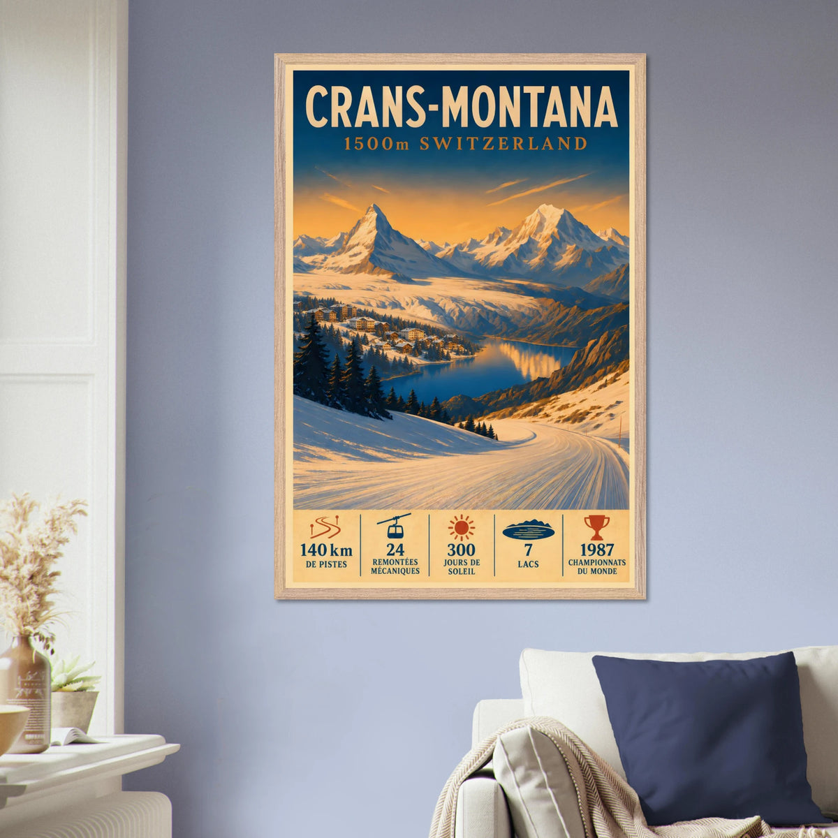 Crans-Montana framed art print displayed above an armchair.