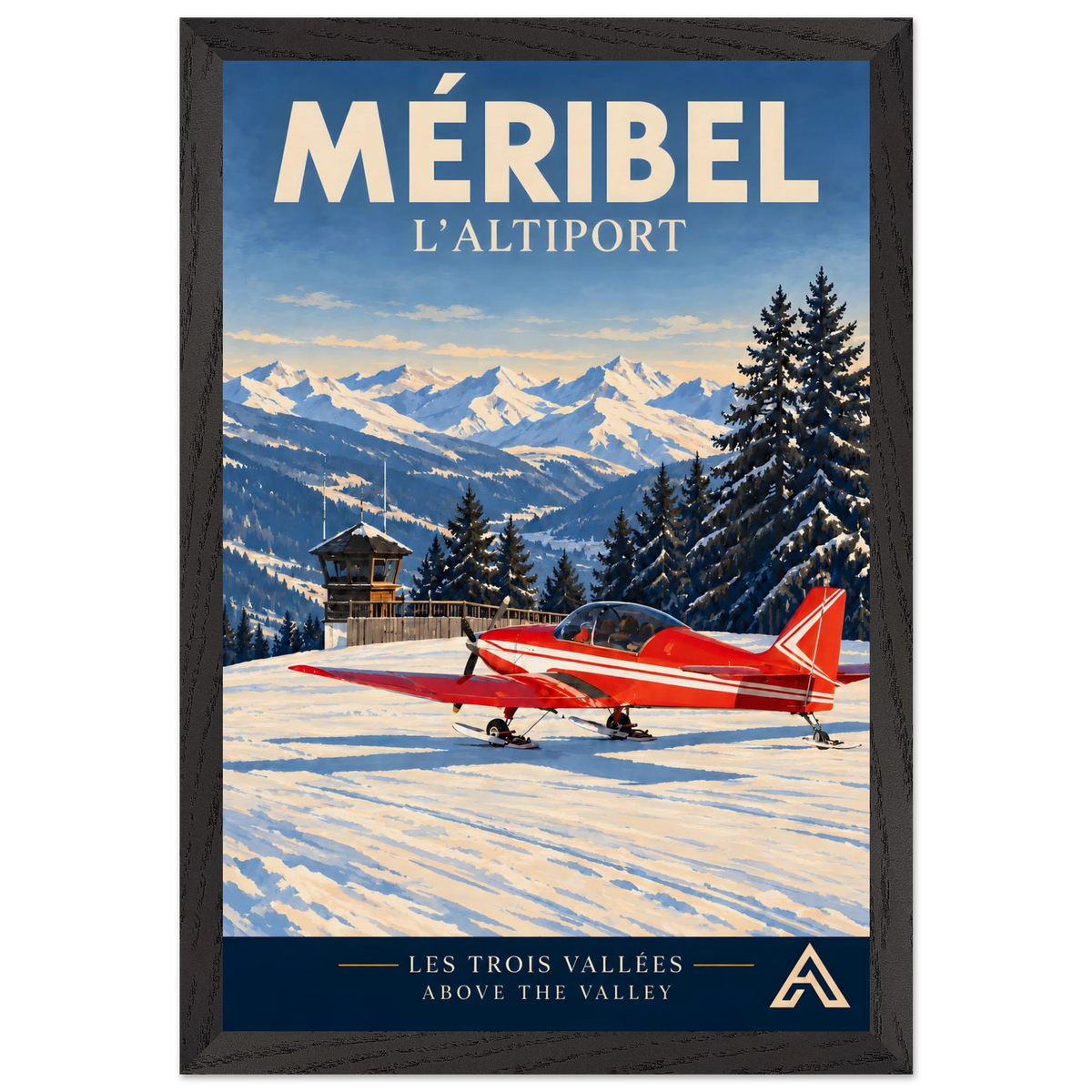 Méribel L’Altiport art print in a Black Ash frame, 30x45 cm, showing a red ski-equipped aeroplane beside the altiport tower, snowy fir trees and Alpine peaks.